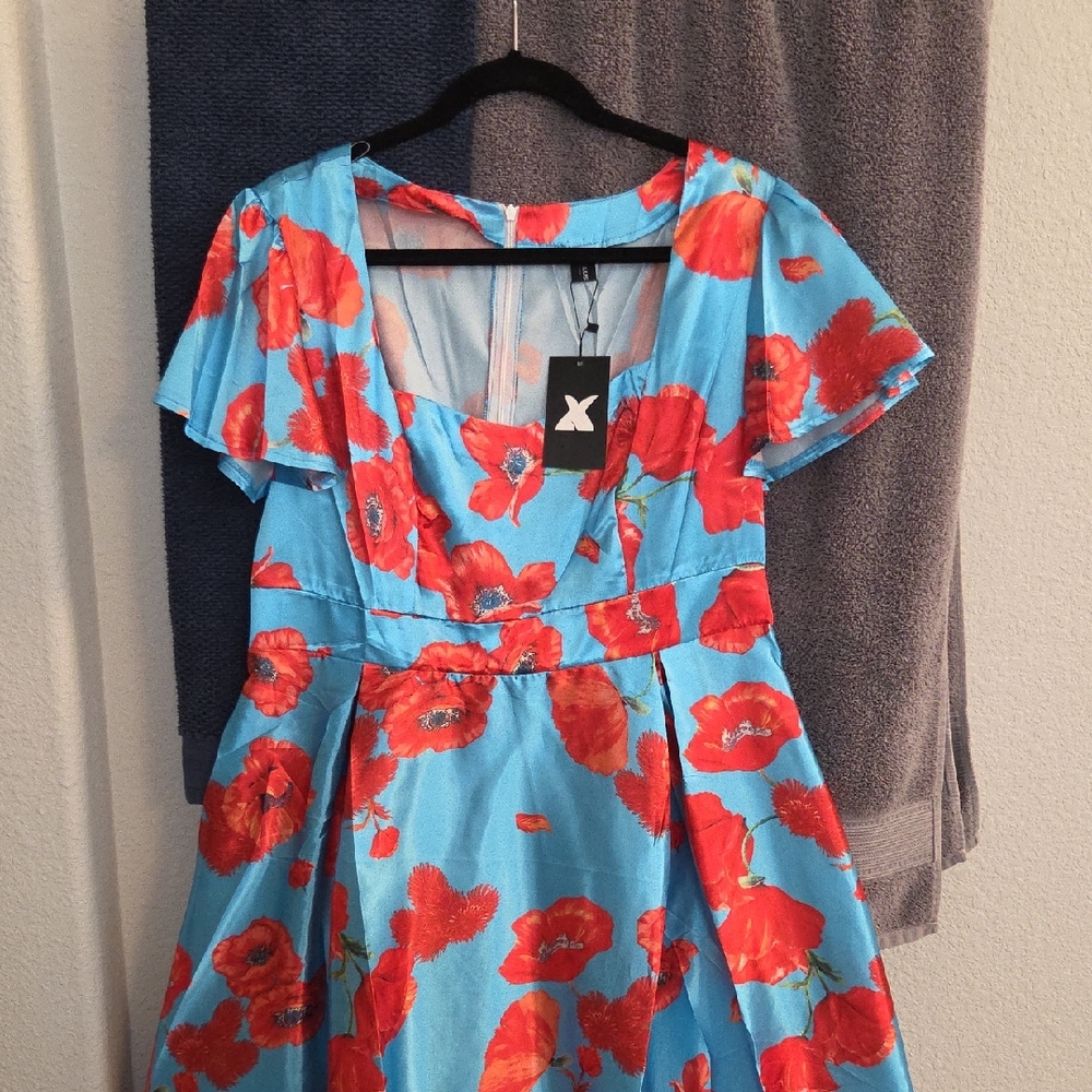 Bright Blue Midi Dress with Red Floral Print